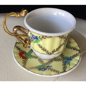 Small Tea Cup & Saucer Christmas Tree Ornament Yellow & Gold Floral Design